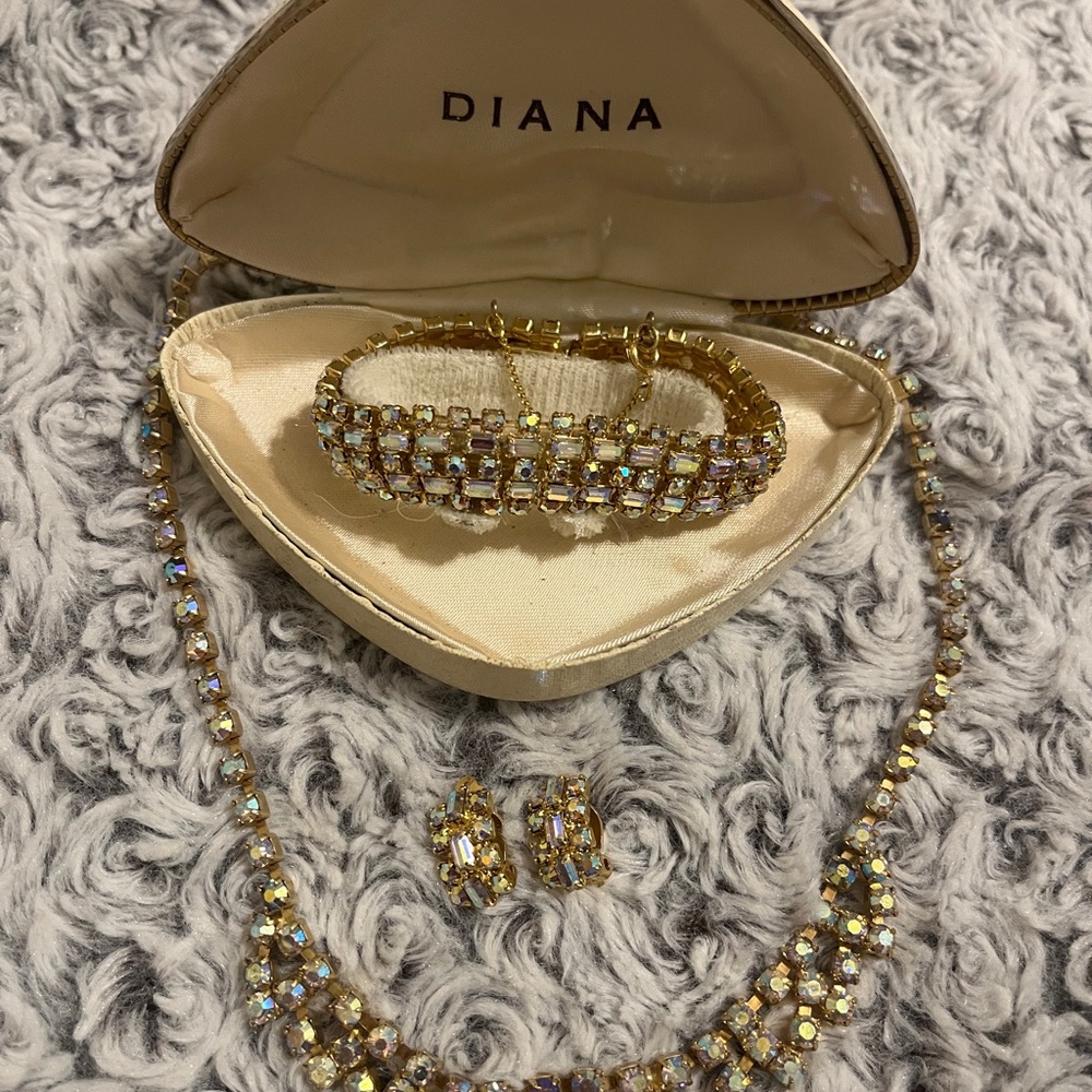 Aurora Borealis Austrian Crystal Gold Bracelet Set CONTINENTAL Earring Necklace